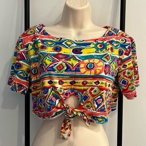 Vintage Fish Print Tie Front Crop Top Tropical Y2K Hippie USA